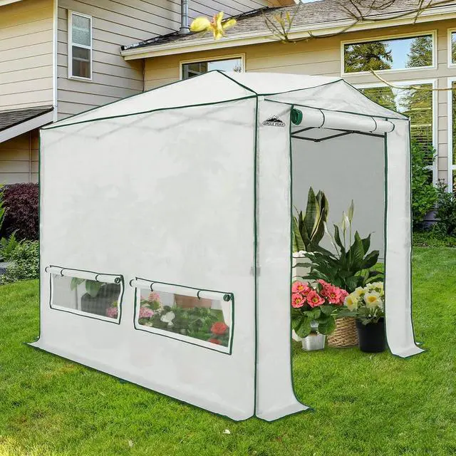 Alt view image 5 of 7 - 8x6 Portable Walk in Greenhouse, Pop Up Indoor Outdoor Greenhouse, Green House Kit with Zippered Roll-Up Doors and Windows, Woven Cover, Translucent