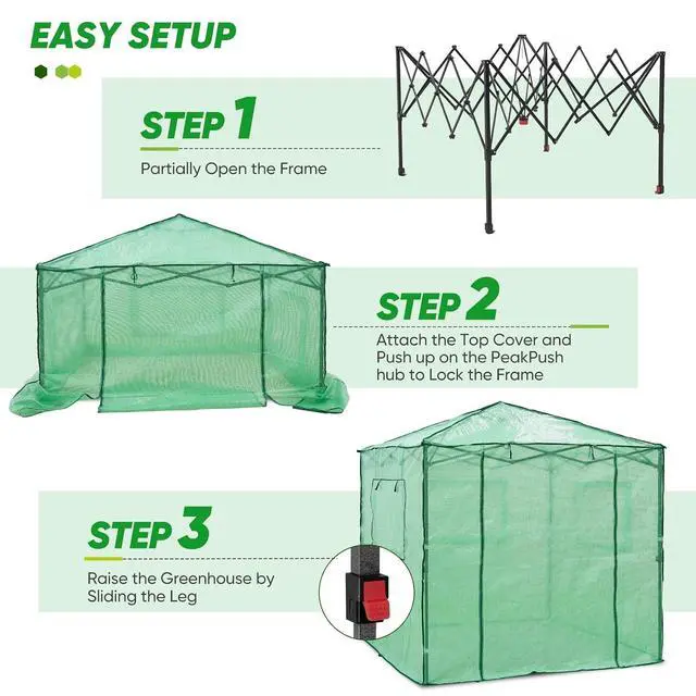 Alt view image 2 of 7 - 7x7 Portable Walk in Greenhouse, Pop Up Indoor Outdoor Greenhouse, Green House Kit with Zippered Roll-Up Doors and Windows + Mesh Lining & 2 Foldable Shelves, PE Cover, Clear/Green