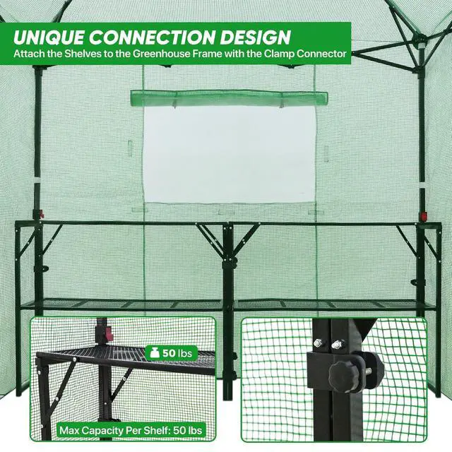 Alt view image 6 of 7 - 7x7 Portable Walk in Greenhouse, Pop Up Indoor Outdoor Greenhouse, Green House Kit with Zippered Roll-Up Doors and Windows + Mesh Lining & 2 Foldable Shelves, PE Cover, Clear/Green