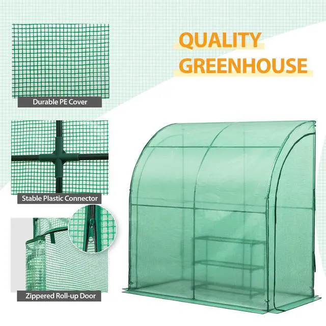 Alt view image 7 of 7 - 3 Tier Lean to Portable Greenhouse, Heavy-Duty Indoor & Outdoor Garden with Wire Shelves, 2 Roll-Up Zipper Doors, Easy Assembly, 79"x39"x83" Clear/Green PE Cover