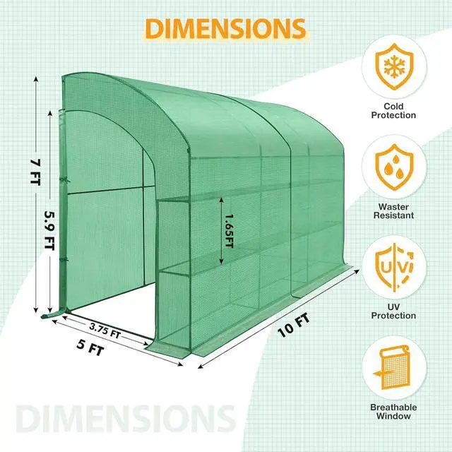 Alt view image 3 of 7 - 3 Tier Lean to Portable Greenhouse, Heavy-Duty Indoor & Outdoor Garden with Wire Shelves, 2 Roll-Up Zipper Doors, Easy Assembly, 120"x60"x84" Clear/Green PE Cover