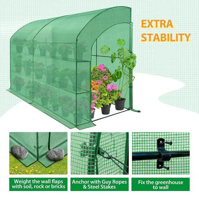 Alt view image 6 of 7 - 3 Tier Lean to Portable Greenhouse, Heavy-Duty Indoor & Outdoor Garden with Wire Shelves, 2 Roll-Up Zipper Doors, Easy Assembly, 120"x60"x84" Clear/Green PE Cover