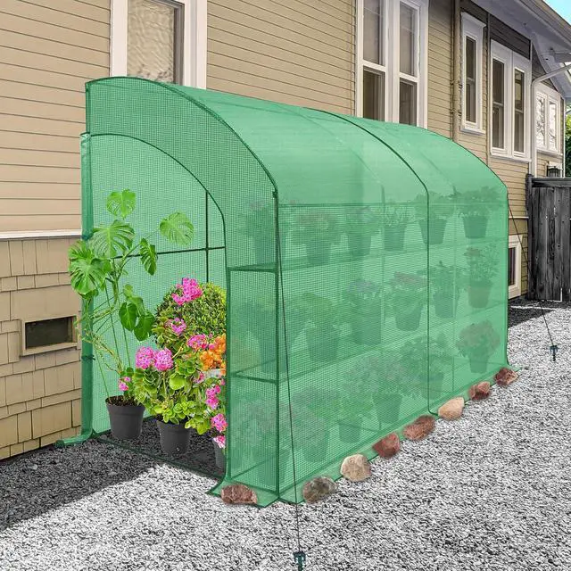 Alt view image 5 of 7 - 3 Tier Lean to Portable Greenhouse, Heavy-Duty Indoor & Outdoor Garden with Wire Shelves, 2 Roll-Up Zipper Doors, Easy Assembly, 120"x60"x84" Clear/Green PE Cover