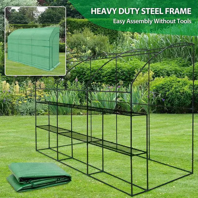 Alt view image 7 of 7 - 3 Tier Lean to Portable Greenhouse, Heavy-Duty Indoor & Outdoor Garden with Wire Shelves, 2 Roll-Up Zipper Doors, Easy Assembly, 120"x60"x84" Clear/Green PE Cover