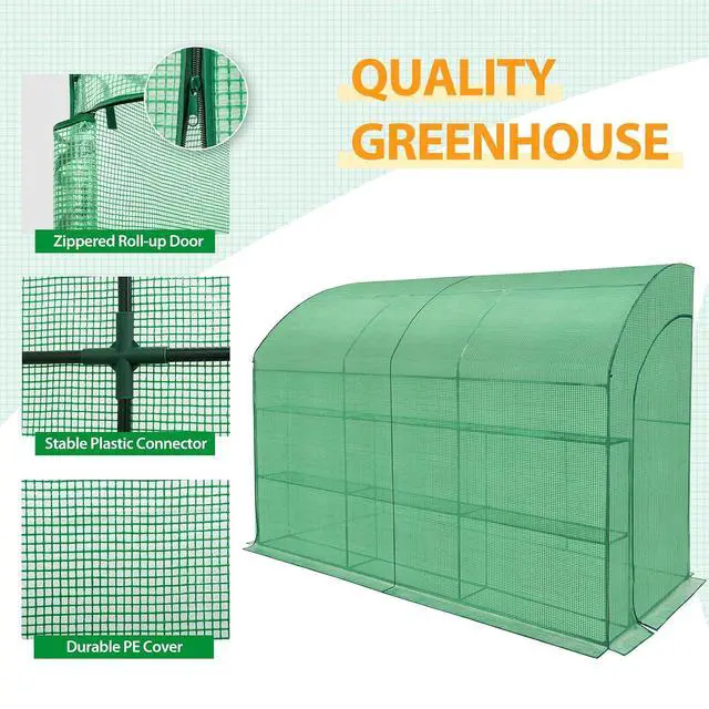 Alt view image 2 of 7 - 3 Tier Lean to Portable Greenhouse, Heavy-Duty Indoor & Outdoor Garden with Wire Shelves, 2 Roll-Up Zipper Doors, Easy Assembly, 120"x60"x84" Clear/Green PE Cover