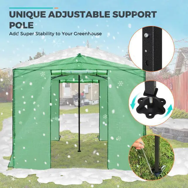 Alt view image 4 of 7 - 12x8 Portable Walk in Greenhouse, Pop Up Indoor Outdoor Greenhouse, Green House Kit with Zippered Roll-Up Doors, Windows + Support Pole, PE Cover, Clear/Green