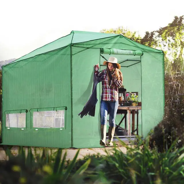 Alt view image 5 of 7 - 12x8 Portable Walk in Greenhouse, Pop Up Indoor Outdoor Greenhouse, Green House Kit with Zippered Roll-Up Doors, Windows + Support Pole, PE Cover, Clear/Green