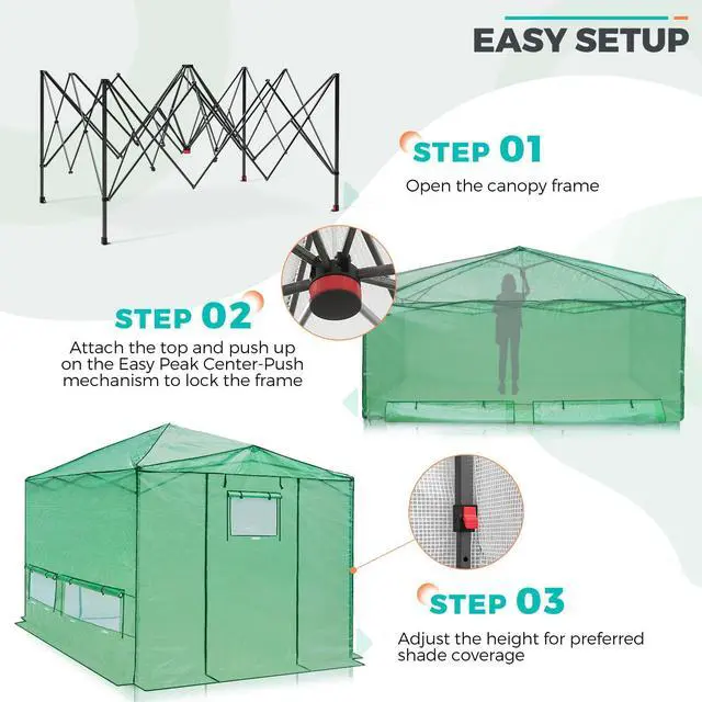 Alt view image 6 of 7 - 12x8 Portable Walk in Greenhouse, Pop Up Indoor Outdoor Greenhouse, Green House Kit with Zippered Roll-Up Doors, Windows + Support Pole, PE Cover, Clear/Green