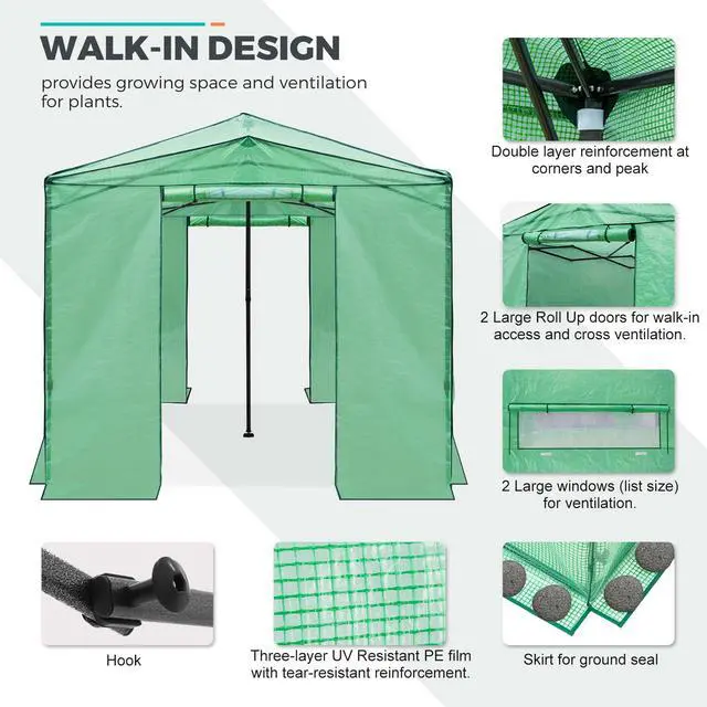 Alt view image 7 of 7 - 12x8 Portable Walk in Greenhouse, Pop Up Indoor Outdoor Greenhouse, Green House Kit with Zippered Roll-Up Doors, Windows + Support Pole, PE Cover, Clear/Green