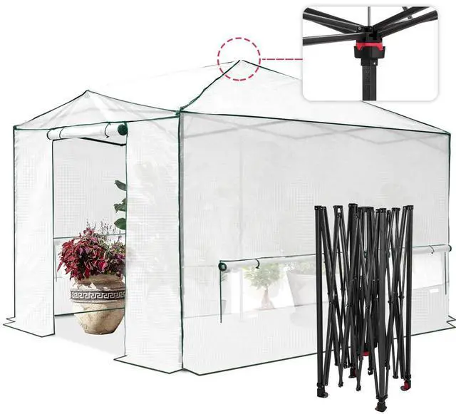 Main image of 12x8 Portable Walk in Greenhouse, Pop Up Indoor Outdoor Greenhouse, Green House Kit with Zippered Roll-Up Doors, Windows + Support Pole, PE Cover, Clear/White
