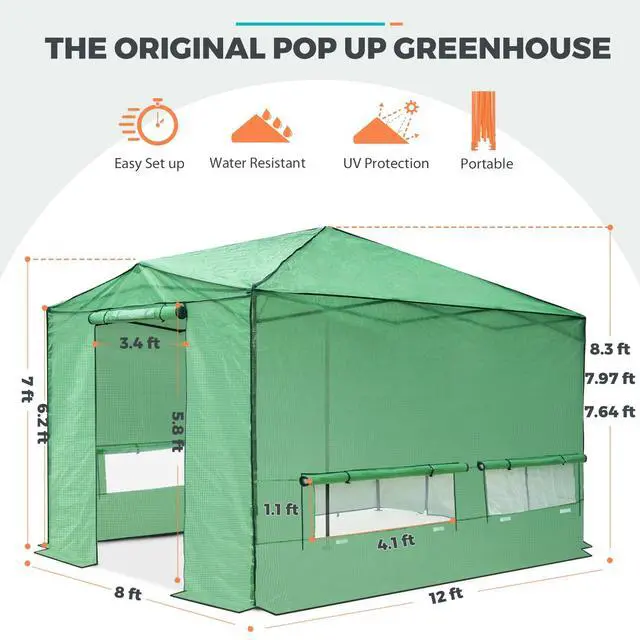 Alt view image 3 of 7 - 12x8 Portable Walk in Greenhouse, Pop Up Indoor Outdoor Greenhouse, Green House Kit with Zippered Roll-Up Doors, Windows + Support Pole, PE Cover, Clear/Green