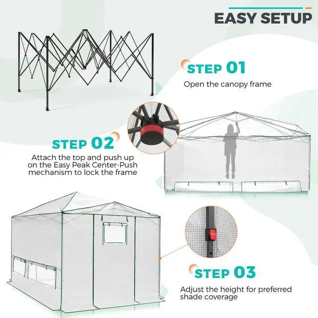 Alt view image 2 of 7 - 12x8 Portable Walk in Greenhouse, Pop Up Indoor Outdoor Greenhouse, Green House Kit with Zippered Roll-Up Doors, Windows + Support Pole, PE Cover, Clear/White