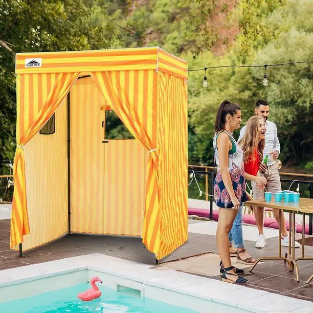 Alt view image 5 of 7 - 5x5 Pop Up Changing Tent, Flat Top Changing Room, Yellow/Orange | Portable, Privacy Tent, Pool Cabana, Dressing Room, Shower & Toilet Use, Opaque Fabric, Instant Setup, Photoshoots, Camping