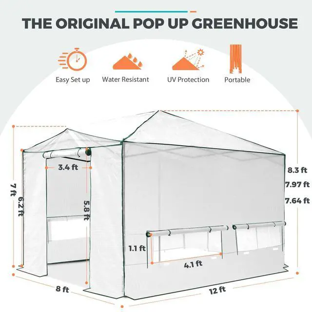 Alt view image 3 of 7 - 12x8 Portable Walk in Greenhouse, Pop Up Indoor Outdoor Greenhouse, Green House Kit with Zippered Roll-Up Doors, Windows + Support Pole, PE Cover, Clear/White