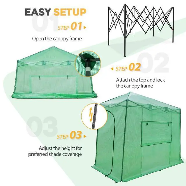 Alt view image 2 of 7 - 10x5 Portable Walk in Greenhouse, Pop Up Indoor Outdoor Greenhouse, Green House Kit with Zippered Roll-Up Doors and Windows, Lean-to Design, PE Cover, Clear/Green