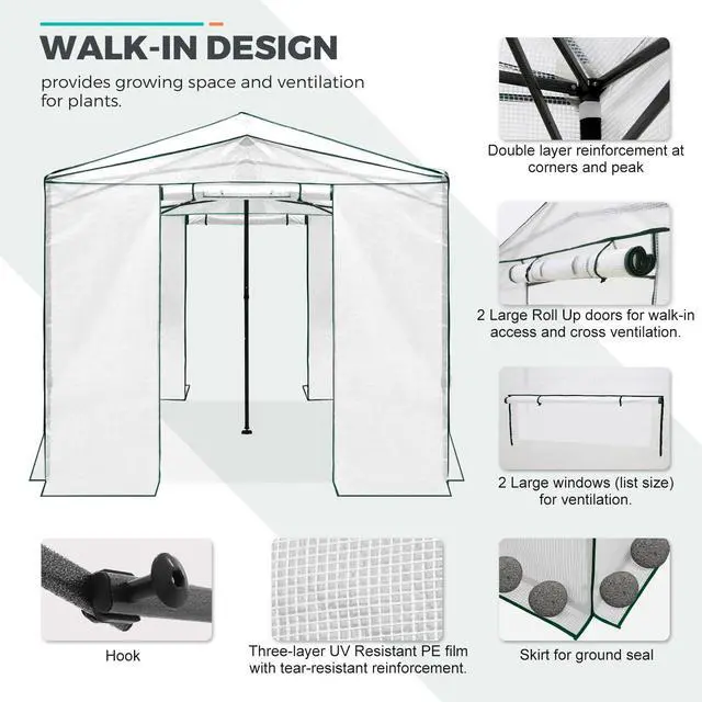 Alt view image 6 of 7 - 12x8 Portable Walk in Greenhouse, Pop Up Indoor Outdoor Greenhouse, Green House Kit with Zippered Roll-Up Doors, Windows + Support Pole, PE Cover, Clear/White
