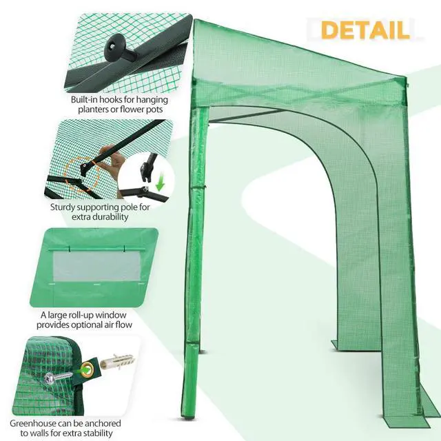 Alt view image 4 of 7 - 10x5 Portable Walk in Greenhouse, Pop Up Indoor Outdoor Greenhouse, Green House Kit with Zippered Roll-Up Doors and Windows, Lean-to Design, PE Cover, Clear/Green