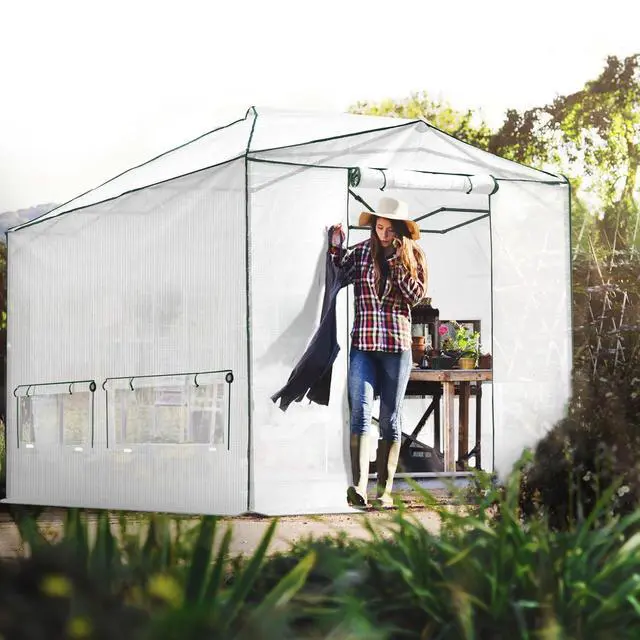 Alt view image 7 of 7 - 12x8 Portable Walk in Greenhouse, Pop Up Indoor Outdoor Greenhouse, Green House Kit with Zippered Roll-Up Doors, Windows + Support Pole, PE Cover, Clear/White