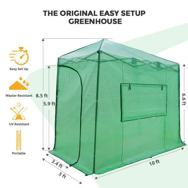 Alt view image 3 of 7 - 10x5 Portable Walk in Greenhouse, Pop Up Indoor Outdoor Greenhouse, Green House Kit with Zippered Roll-Up Doors and Windows, Lean-to Design, PE Cover, Clear/Green