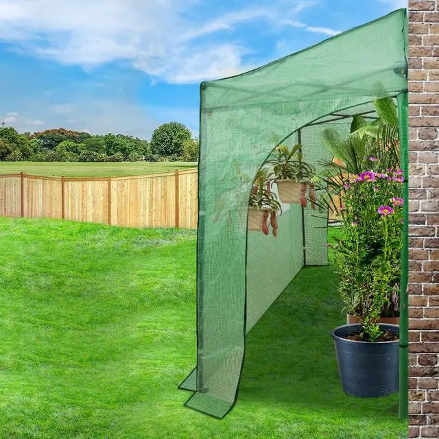Alt view image 5 of 7 - 10x5 Portable Walk in Greenhouse, Pop Up Indoor Outdoor Greenhouse, Green House Kit with Zippered Roll-Up Doors and Windows, Lean-to Design, PE Cover, Clear/Green