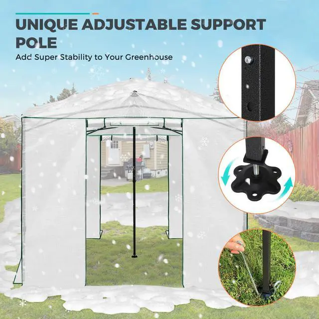 Alt view image 5 of 7 - 12x8 Portable Walk in Greenhouse, Pop Up Indoor Outdoor Greenhouse, Green House Kit with Zippered Roll-Up Doors, Windows + Support Pole, PE Cover, Clear/White