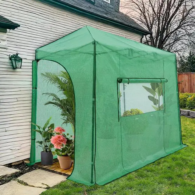 Main image of 10x5 Portable Walk in Greenhouse, Pop Up Indoor Outdoor Greenhouse, Green House Kit with Zippered Roll-Up Doors and Windows, Lean-to Design, PE Cover, Clear/Green