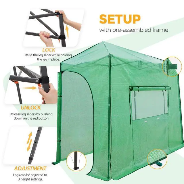 Alt view image 6 of 7 - 10x5 Portable Walk in Greenhouse, Pop Up Indoor Outdoor Greenhouse, Green House Kit with Zippered Roll-Up Doors and Windows, Lean-to Design, PE Cover, Clear/Green