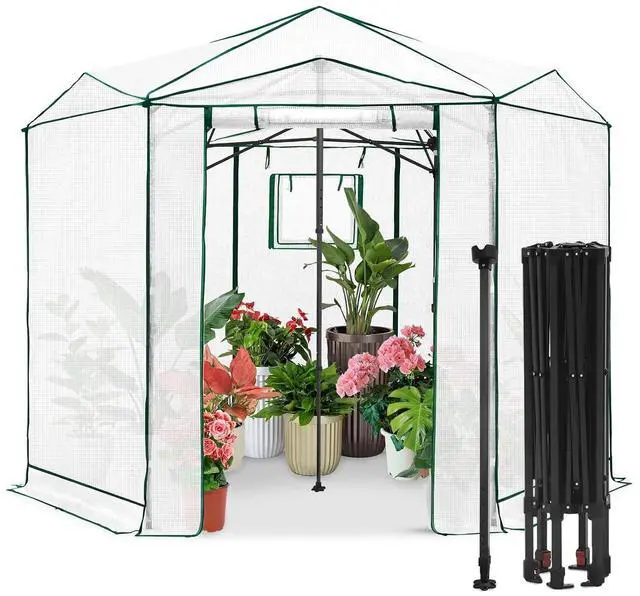 Main image of 8.5x8.5 Portable Walk in Greenhouse, Pop Up Indoor Outdoor Greenhouse, Green House Kit with Zippered Roll-Up Doors and Windows, Hexagon Design, PE Cover, Clear/White
