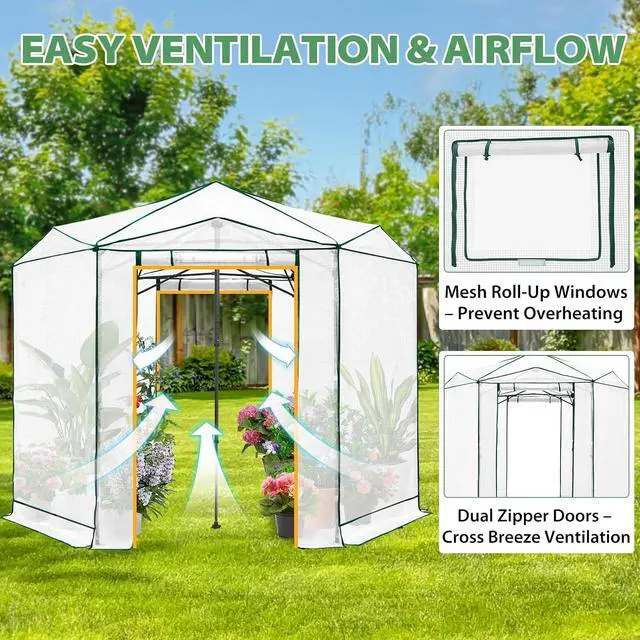 Alt view image 2 of 7 - 8.5x8.5 Portable Walk in Greenhouse, Pop Up Indoor Outdoor Greenhouse, Green House Kit with Zippered Roll-Up Doors and Windows, Hexagon Design, PE Cover, Clear/White
