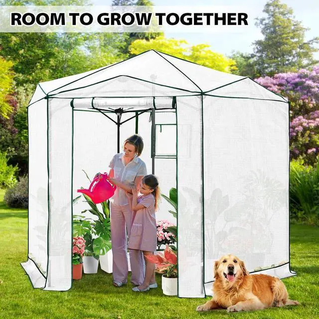 Alt view image 5 of 7 - 8.5x8.5 Portable Walk in Greenhouse, Pop Up Indoor Outdoor Greenhouse, Green House Kit with Zippered Roll-Up Doors and Windows, Hexagon Design, PE Cover, Clear/White