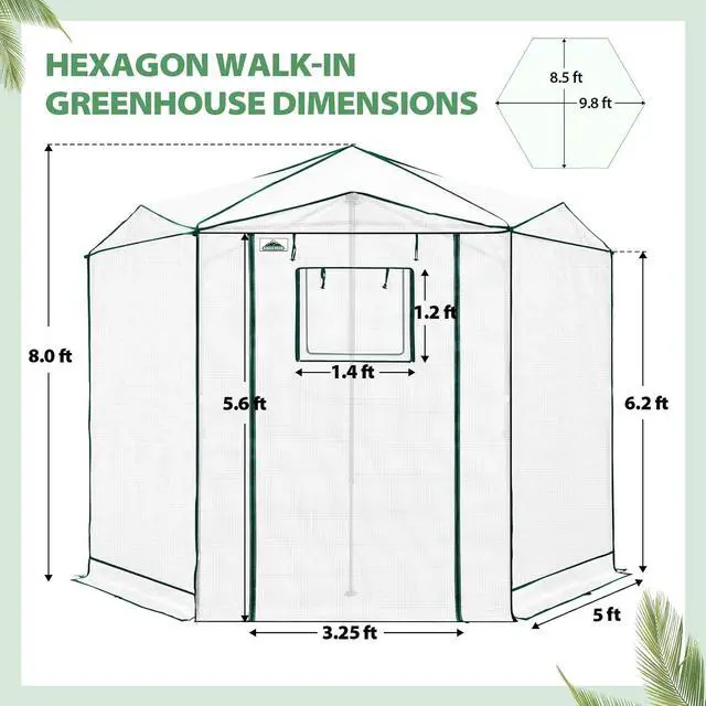 Alt view image 3 of 7 - 8.5x8.5 Portable Walk in Greenhouse, Pop Up Indoor Outdoor Greenhouse, Green House Kit with Zippered Roll-Up Doors and Windows, Hexagon Design, PE Cover, Clear/White