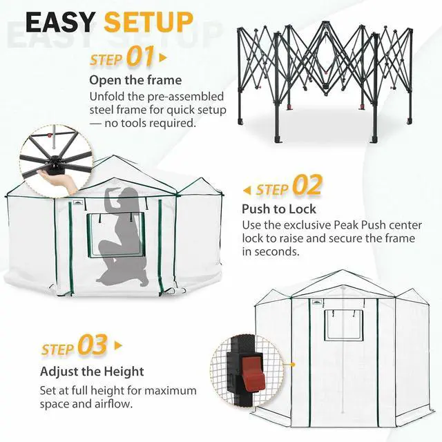 Alt view image 7 of 7 - 8.5x8.5 Portable Walk in Greenhouse, Pop Up Indoor Outdoor Greenhouse, Green House Kit with Zippered Roll-Up Doors and Windows, Hexagon Design, PE Cover, Clear/White