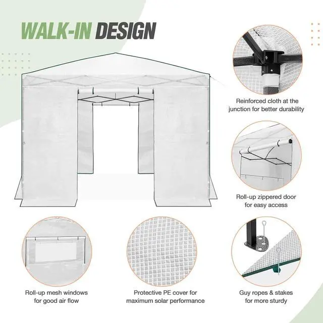 Alt view image 2 of 7 - 10x10 Portable Walk in Greenhouse, Pop Up Indoor Outdoor Greenhouse, Green House Kit with Zippered Roll-Up Doors and Windows, PE Cover, Clear/White