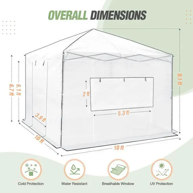 Alt view image 3 of 7 - 10x10 Portable Walk in Greenhouse, Pop Up Indoor Outdoor Greenhouse, Green House Kit with Zippered Roll-Up Doors and Windows, PE Cover, Clear/White