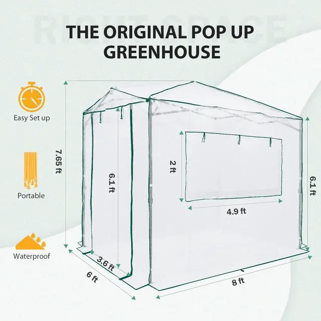 Alt view image 3 of 7 - 8x6 Portable Walk in Greenhouse, Pop Up Indoor Outdoor Greenhouse, Green House Kit with Zippered Roll-Up Doors and Windows, PE Cover, Clear/White