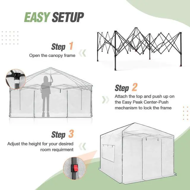 Alt view image 6 of 7 - 10x10 Portable Walk in Greenhouse, Pop Up Indoor Outdoor Greenhouse, Green House Kit with Zippered Roll-Up Doors and Windows, PE Cover, Clear/White
