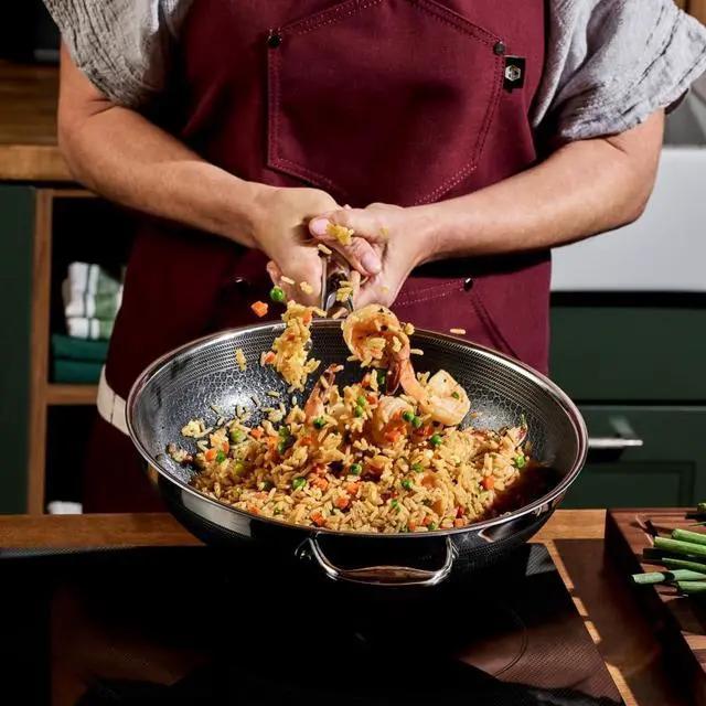 Alt view image 2 of 6 - HexClad 12 Inch Hybrid Nonstick Wok with Lid, Stay-Cool Handle, Dishwasher and Oven Safe, Compatible with All Cooktops, Induction Ready
