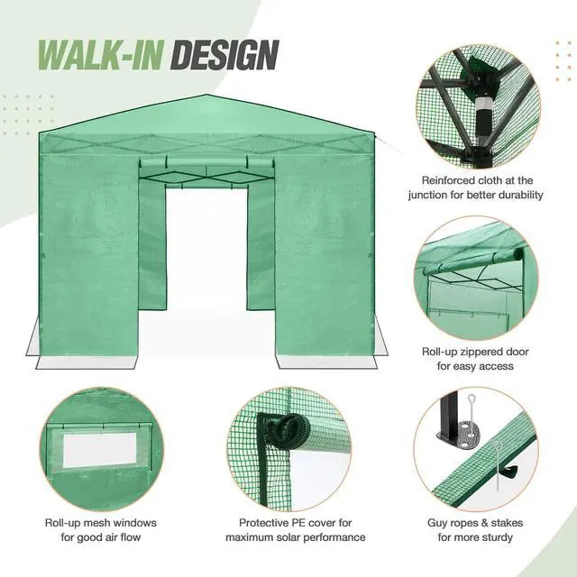 Alt view image 2 of 7 - 10x10 Portable Walk in Greenhouse, Pop Up Indoor Outdoor Greenhouse, Green House Kit with Zippered Roll-Up Doors and Windows, PE Cover, Clear/Green