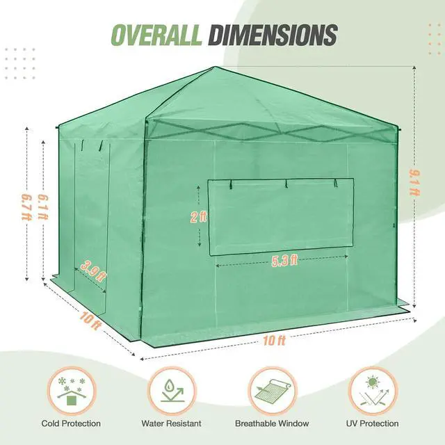 Alt view image 3 of 7 - 10x10 Portable Walk in Greenhouse, Pop Up Indoor Outdoor Greenhouse, Green House Kit with Zippered Roll-Up Doors and Windows, PE Cover, Clear/Green