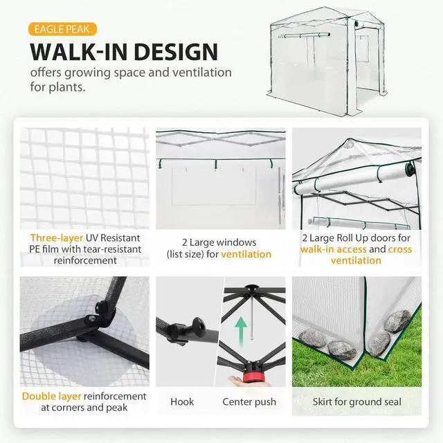 Alt view image 6 of 7 - 8x6 Portable Walk in Greenhouse, Pop Up Indoor Outdoor Greenhouse, Green House Kit with Zippered Roll-Up Doors and Windows, PE Cover, Clear/White