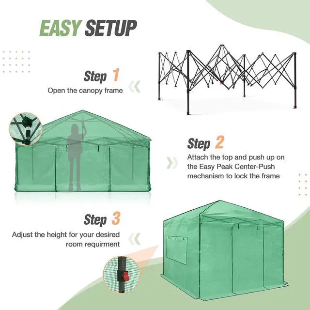 Alt view image 6 of 7 - 10x10 Portable Walk in Greenhouse, Pop Up Indoor Outdoor Greenhouse, Green House Kit with Zippered Roll-Up Doors and Windows, PE Cover, Clear/Green