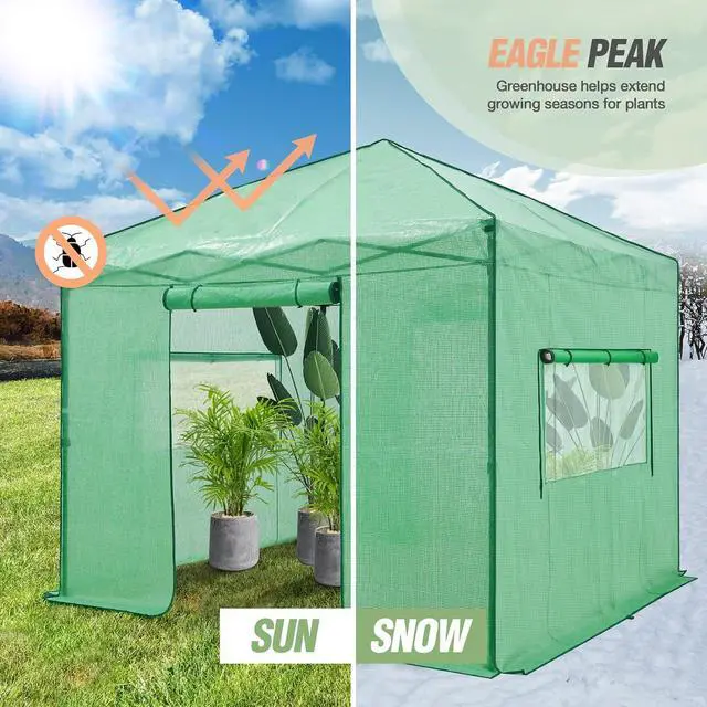 Alt view image 7 of 7 - 10x10 Portable Walk in Greenhouse, Pop Up Indoor Outdoor Greenhouse, Green House Kit with Zippered Roll-Up Doors and Windows, PE Cover, Clear/Green