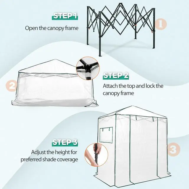 Alt view image 2 of 7 - 6x4 Portable Walk in Greenhouse, Pop Up Indoor Outdoor Greenhouse, Green House Kit with Zippered Roll-Up Doors and Windows, PE Cover, Clear/White