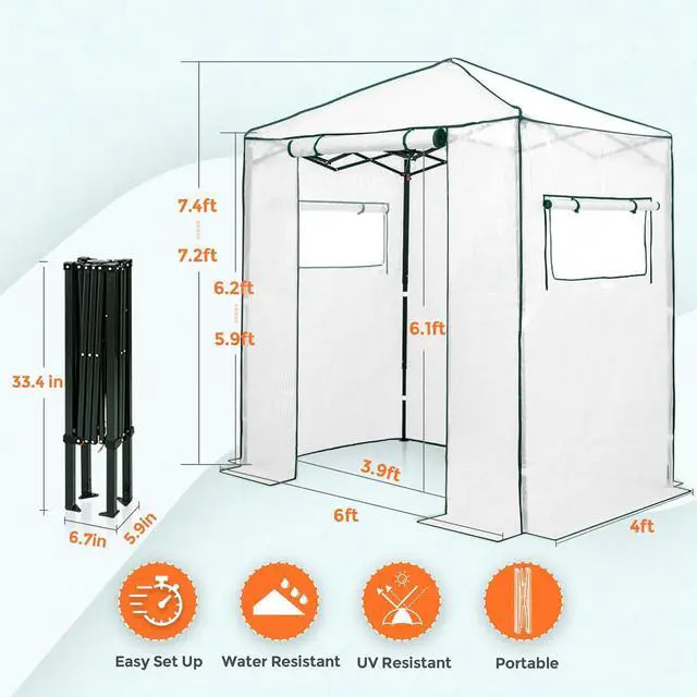 Alt view image 3 of 7 - 6x4 Portable Walk in Greenhouse, Pop Up Indoor Outdoor Greenhouse, Green House Kit with Zippered Roll-Up Doors and Windows, PE Cover, Clear/White