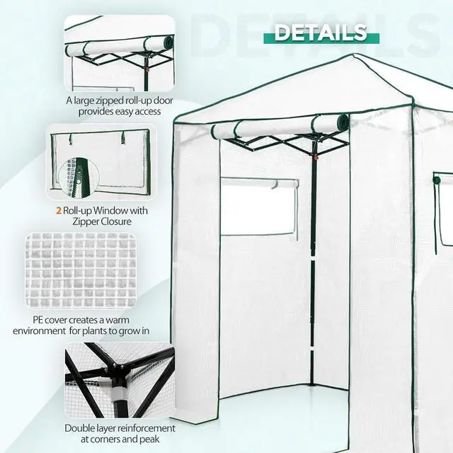 Alt view image 4 of 7 - 6x4 Portable Walk in Greenhouse, Pop Up Indoor Outdoor Greenhouse, Green House Kit with Zippered Roll-Up Doors and Windows, PE Cover, Clear/White