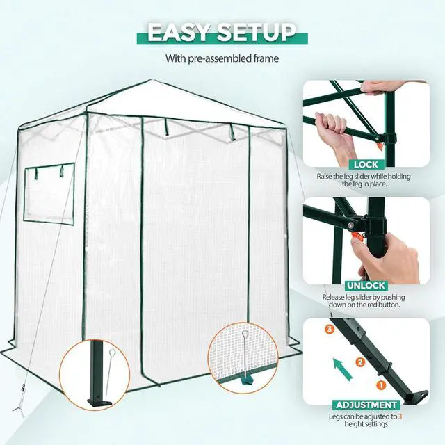 Alt view image 7 of 7 - 6x4 Portable Walk in Greenhouse, Pop Up Indoor Outdoor Greenhouse, Green House Kit with Zippered Roll-Up Doors and Windows, PE Cover, Clear/White