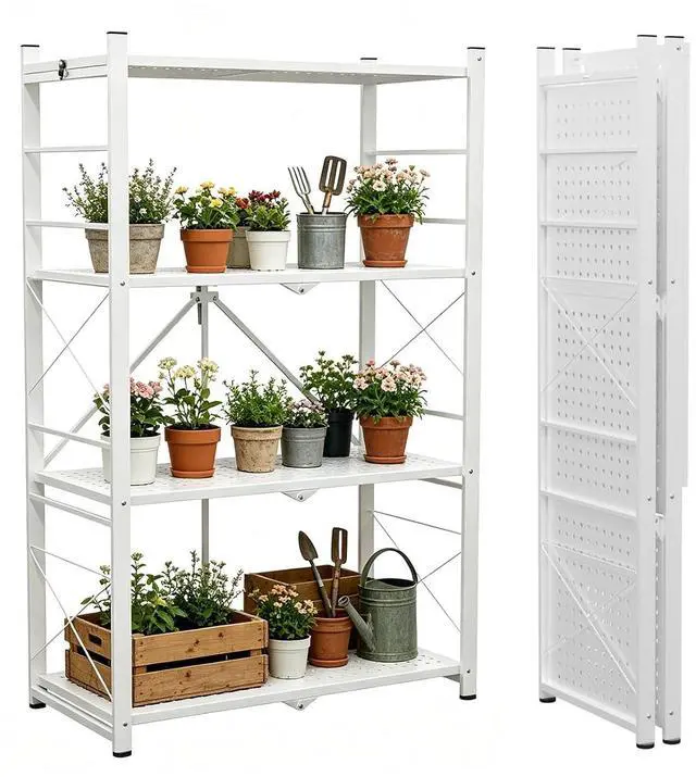 Main image of 4-Tier Foldable Greenhouse Shelf, Heavy Duty Metal Storage Rack, No Assembly Steel Shelving Unit, Plant Stand for Greenhouse and Multi-Use Storage, 28x14.6x44.7, 520 lbs, 1 Pack, White