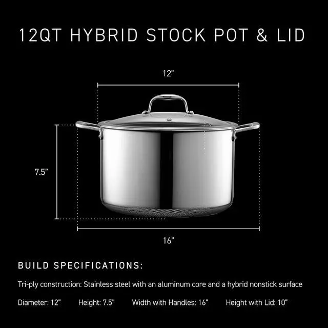 Alt view image 3 of 7 - 12 Quart Hybrid Nonstick Stock Pot with Lid, Dishwasher Safe, Induction Ready, Compatible with All Cooktops