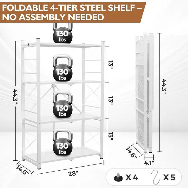 Alt view image 3 of 7 - 4-Tier Foldable Greenhouse Shelf, Heavy Duty Metal Storage Rack, No Assembly Steel Shelving Unit, Plant Stand for Greenhouse and Multi-Use Storage, 28x14.6x44.7, 520 lbs, 1 Pack, White