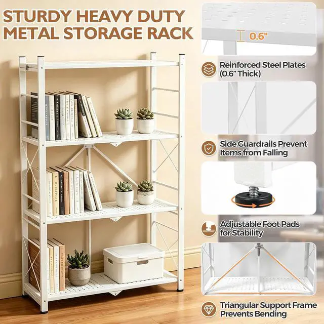 Alt view image 6 of 7 - 4-Tier Foldable Greenhouse Shelf, Heavy Duty Metal Storage Rack, No Assembly Steel Shelving Unit, Plant Stand for Greenhouse and Multi-Use Storage, 28x14.6x44.7, 520 lbs, 1 Pack, White